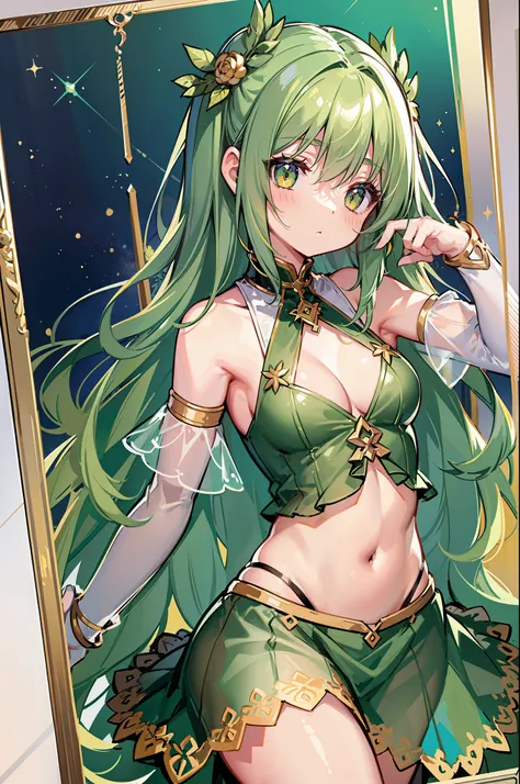 (MASTERPIECE), (Best Quality), (Ultra Detail), Official Art, One Girl, Lori with Pale Green Hair, Petite Little Girl, Loli, Green and Gold and Silver See-Through Dress, Sleeveless, Off Shoulder, Small, Small, Small, Cleavage, Thigh Focus, Navel, Underboob,...