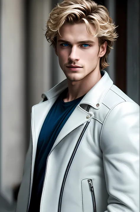 masterpiece, highest quality, raw, style, a stunning half-body portrait of a handsome man, light hair, pale skin, vibrant blue e...