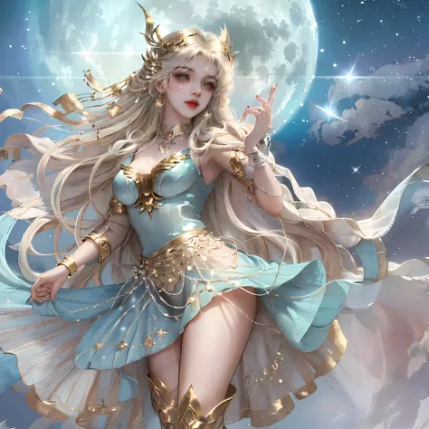 Best picture quality, amazing details, extremely detailed CG art, antique illustration as the theme, 1 Valkyrie in a light blue dress battle dress solo in the night, super sexy, through the clouds, the moon and stars dancing; Her hair and cloak fluttered i...