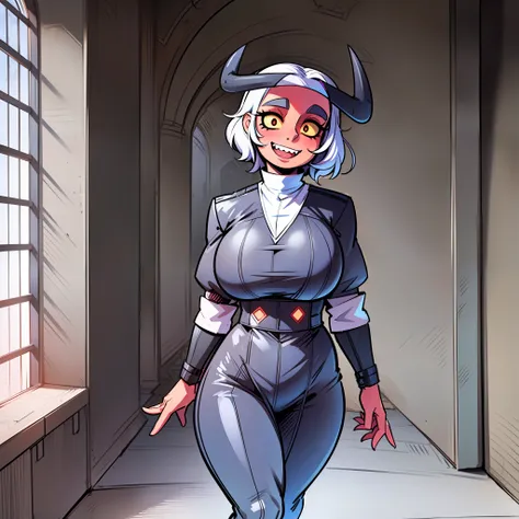 nun, demon girl, walking, bimbo, warpriesstes, fire hammer, silver hair, short hair