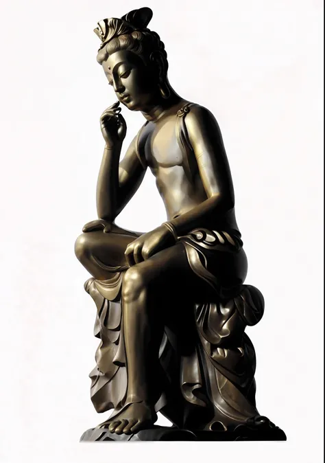 16k, super delicate, contrast, golden, full body gold, statue of man sitting on rock with bowl in hand, thinker, thinker pose, s...