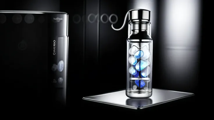 There is a tall mineral water bottle with a lot of different designs on it, made of drinks, drinks, 3D fluid simulation rendering, rendered in Cinema 4D, rendered in Cinema4D, very realistic 3D rendering, 3D product rendering, fancy whiskey bottle, rendere...
