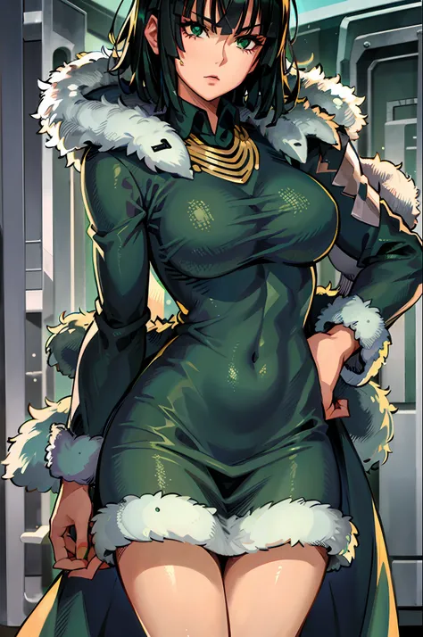 (fubuki:1.2), solo, elegant, (dress+fur coat:1.1),green eyes, looking at viewer, upper body, arms behind head.