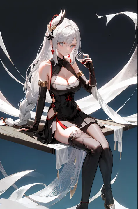 Shenhe, genshin impact, 1girl, alcohol, alternate costume, armlet, bare shoulders, black background, black dress, black gloves, black thighhighs, breasts, cleavage, criss-cross halter, cup, dress, drinking glass, flower, gloves, gradient background, hair b...