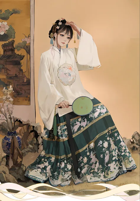 Araki woman in traditional Chinese costume holding fan, Hanfu, white Hanfu, wearing ancient Chinese clothing, Chinese traditional costume, with Chinese ancient costume, court, Hanfu girl, wearing gorgeous silk clothing, with ancient Chinese aesthetic, Chin...
