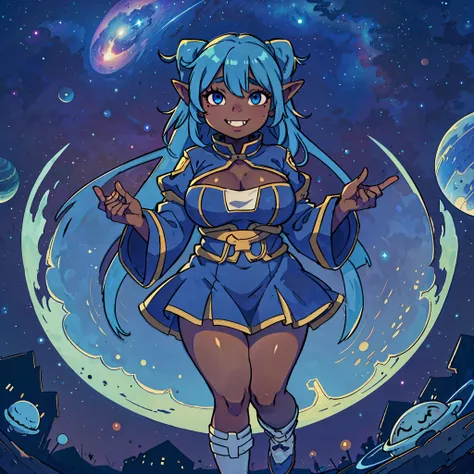 goblin girl, blue hair, very long hair, dark_ skin, dark skin goblin, very dark skin girl natural huge breasts, hair between eyes, twintails, chubby, chubby girl, chubby girl goblin, wide hips, blue eyes, mole, mole on chest, age up, lips, big lips, thick ...