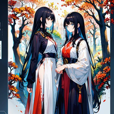 woman, two, black hair, long hair, short bob, staring at each other, height difference, high school student, uniform, stylish, cherry blossom,