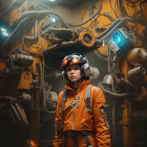 there is a woman x-wing pilot in an orange jacket and helmet standing in a room with lots of machinery, star wars art ultrareali...