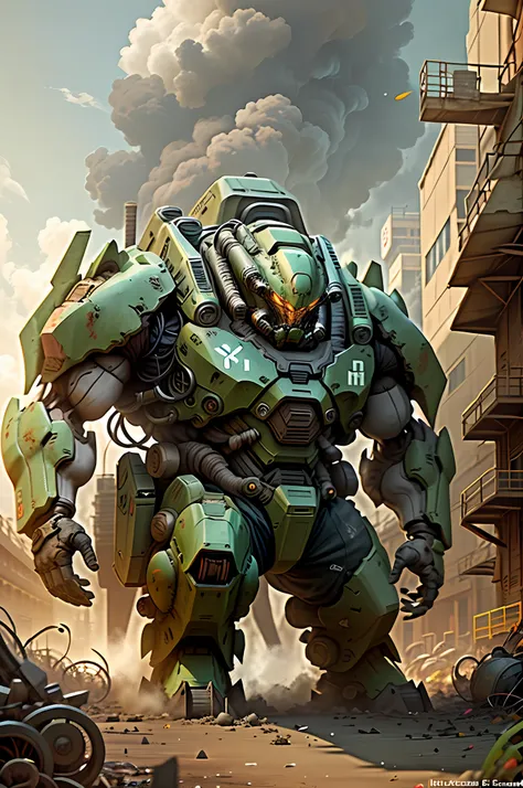 Large mechs walking through the city, fighting stance, (The ruined city and mech in the background are in chaos, rusty metal and missing parts reveal an atmosphere of destruction and chaos.) The dark atmosphere has the effect of increasing smoke and dust, ...