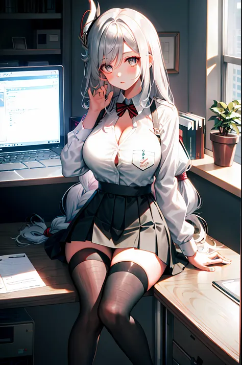 Shenhe, 1girl, solo, ((white shirt)), black thighhighs, breasts, cleavage, uniform, office background, black skirt, pleated skirt, office, hair between eyes, hair ornament, large breasts, long hair, looking at viewer, silver hair, braid hair, silver short ...