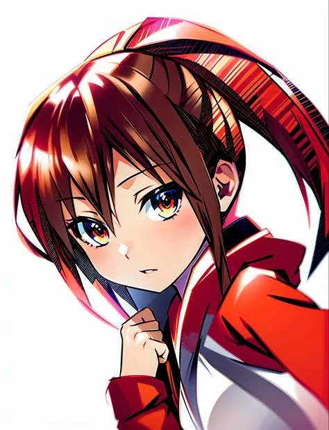 cartoon girl, brown hair and ponytail, red clothes, two-dimensional anime style,