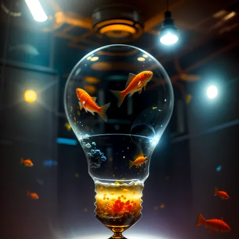 a light bulb with two goldfishs inside, lamp ( ( ( fish tank ) ) ) ), lightbulb, an idea seep's into infinity, by derek zabrocki...