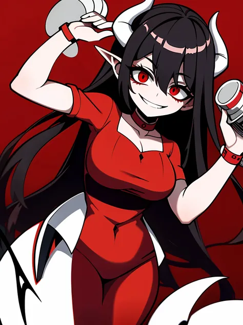 masterpiece, best quality, (crazy smile: 1.2), yandere, red background, constricted pupils, red eyes, blood on face, empty eyes, large breasts, gothic woman, long black hair, deep shadows, horns, demon cyborg necromancer girl, yandere intricate