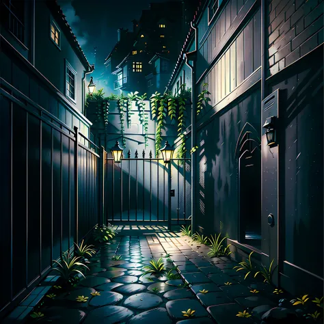 Dark night, small courtyard, gate, fence, current on fence, current, highly real, 4K, chiaroscuro, super high detail