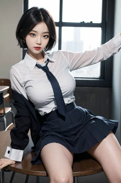 8k raw photos, high resolution, 21 year old cool korean, big round breasts, school uniform, tie, tie ribbon, blazer, skirt, beau...