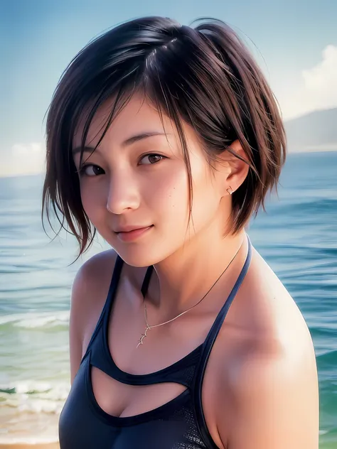 1 girl, japan person, 45 years old, photorealistic, beautiful and detailed face, viewer, simple background, solo, sea, bikini, s...