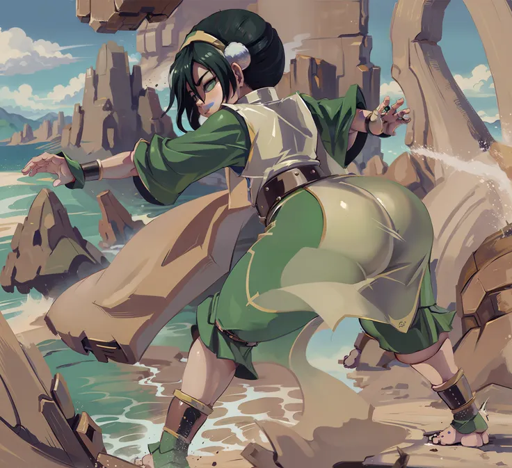 toph bei fong, young girl, earth nation outfit, belt,  butt covering, blind, hair bun, view from behind, earth bending, showing ...