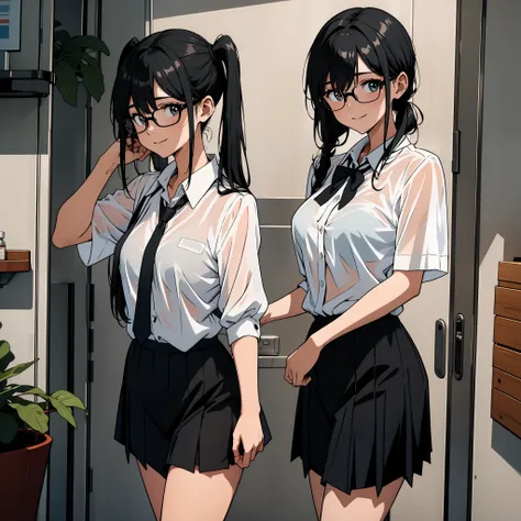 8K, top quality, professional lighting, one girl, naughty pose, skirt, on the way to take off clothes, school uniform, wet and sheer and see-through, nipple see-through, cute bra, hand on crotch, clear liquid leaking from crotch, cute underwear, long bangs...