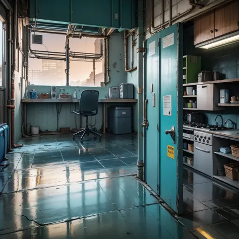 Dojunkai apartment surreal and very detailed illustrations, external perspectives, images with objects very loaded, viewpoints from below, dirty cement stairs with cracks, green trash cans, metal signs, seats, cables, poles, pastel blue telephone boxes, ru...