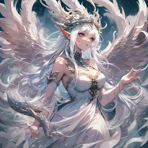 a white divine dragon with white scales, wrapped around a fairy, a fairy with long flowing hair and delicate facial features, we...