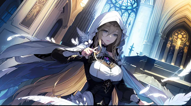 Aponia, Cinematic Shadows, ((((Masterpiece))), ((1 Girl)), Best Quality, Illustrations, (Beautiful Detail Eyes), Elegance, 4K, Most Beautiful Image Ever Made, Fantastic Epic Composition, Lighting, Depicting a Hooded Woman with Long, Deep Blonde Hair, Her B...