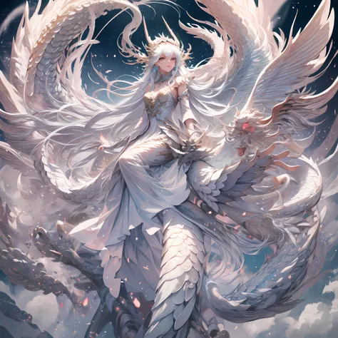 a white divine dragon with white scales, wrapped around a fairy, a fairy with long flowing hair and delicate facial features, we...