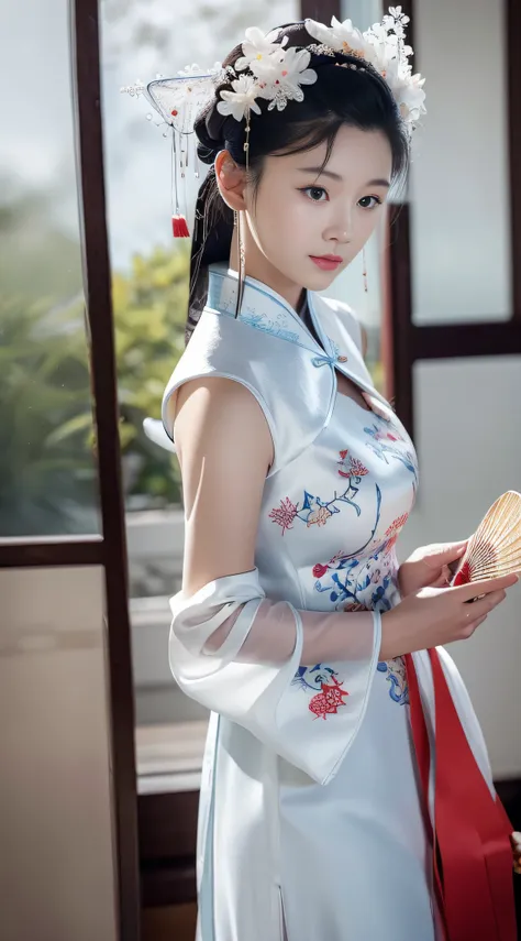 a beautiful woman in a white embroidered cheongsam, holding a tuan fan (蒲fan) in her hand, looks at you thoughtfully,