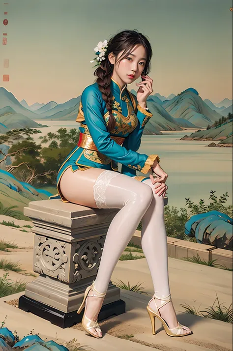 (masterpiece), (excellent), (ultra detailed), gongbi, 1girl, solo, braid, porcelain, high heels, stockings, sitting stone, plant...