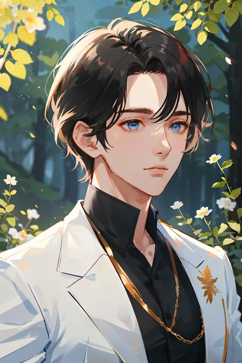 ((masterpiece:1.2, best quality)), 1man, adult, mature, (handsome:1.4), very short hair, forehead, white suit, forest, flowers b...