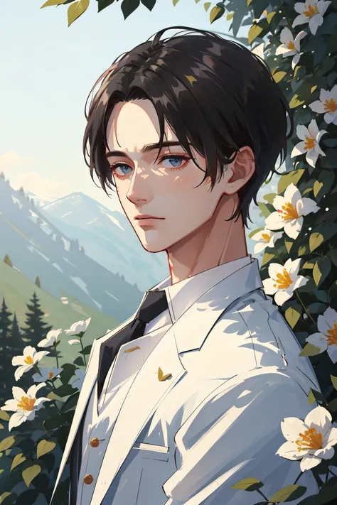 ((masterpiece:1.2, best quality)), 1man, adult, mature, handsome, very short hair, forehead, white suit, Forest, flowers blooming, glowing, Sunlight, best light and shadow, Scenery, extremely detailed face, portrait, (muscle:1.4, broad shoulders:1.4), Clos...