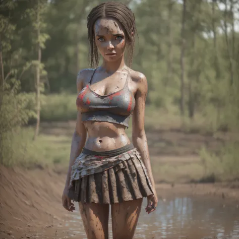 a beautiful woman standing by a lake, she is wearing a croptop and a skirt, ((skin and clothes are very dirty)), (torn clothes), (sad look), (big sad eyes), (red paint splashes on shoulder and face), and (whole body), (long legs) (masterpiece:1.2) (photore...