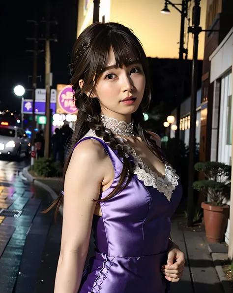 a woman posing on the street corner with purple dress on, best quality, high res, 8k, 1girl, (huge breasts), day, bright, outdoor, (street:0.8), (people, crowds:1), (lace-trimmed dress:1.5, purple clothes:1.5, purple high-neck dress:1.5, sleeveless dress, ...