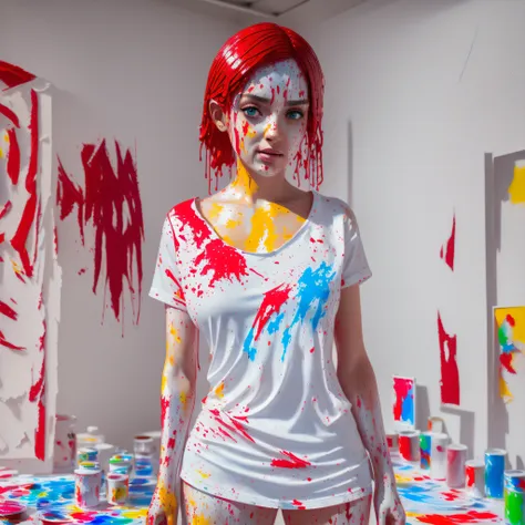 a beautiful woman standing in her studio, wearing a white shirt and short red shorts, ((skin and clothes are covered with splash...