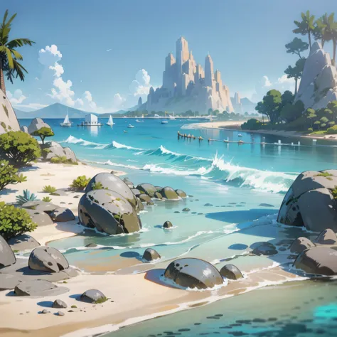 terraces, beach, clear water, bubbling, ray tracing, sand, reef, faint mountains in the distance, comics, 3d rendering, cartoon,...