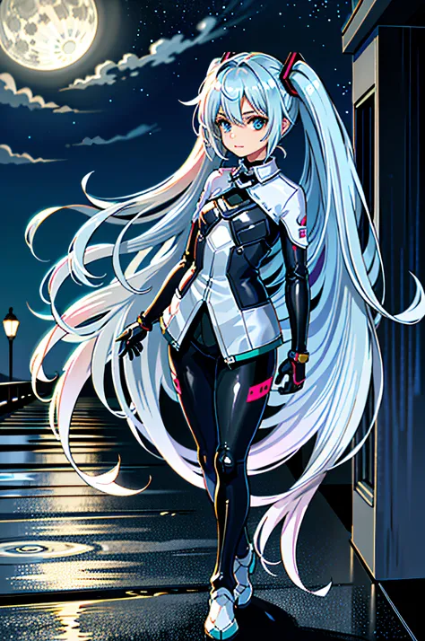 1girl, silver hair,long hair,night,full moon,hatsune miku suit,
,a \(xenoblade\),