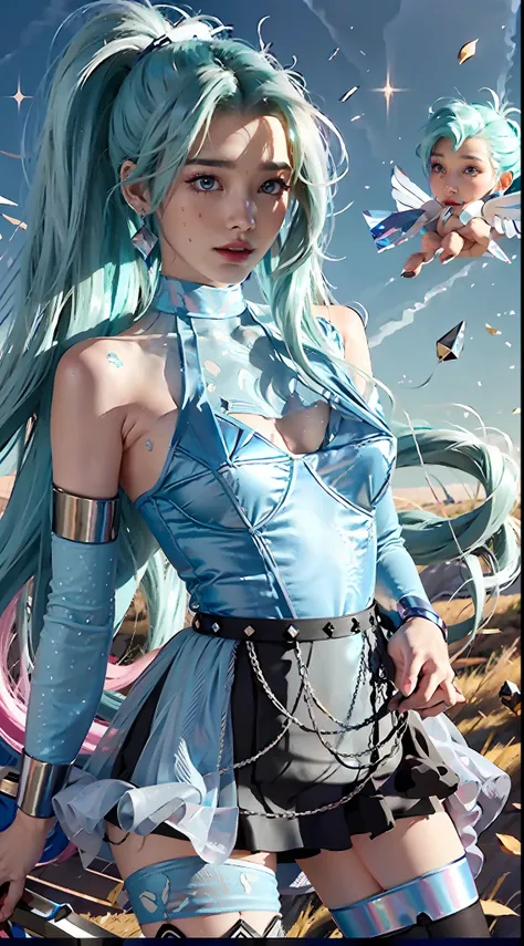 Sky, Field, Wheat, K/Da All Out Seraphine), League of Legends, K/Da  (League of Legends), 1Girl, Solo, Aqua Green Hair, Gradient Hair, Colorful Hair, Blue Eyes, Lips, Long Hair, Long Ponytail, Ponytail, Earrings, Jewelry, Armbands, Bracelet, Ice Wing, Blue...