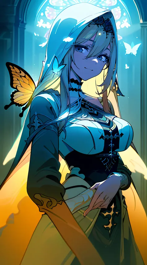 Aponia, Cinematic Shadows, ((((Masterpiece))), ((1 Girl)), Best Quality, Illustration, (Beautiful Detail Eyes), Elegant, 4K, Most Beautiful Image Ever Built, Fantastic Epic Composition, Lighting, Depicting a Hooded Woman with Long, Deep Blonde Hair, Her Be...