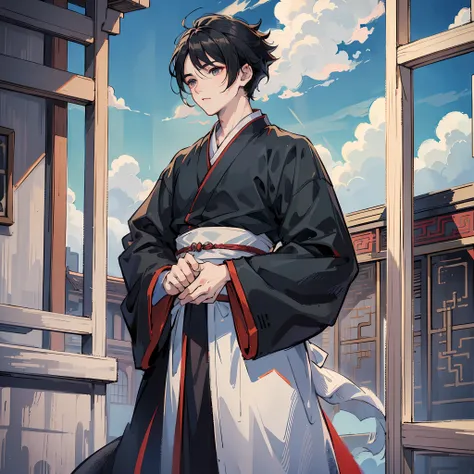 (masterpiece), (best quality), (ultra detailed), front view, black hair, hanfu, cloudy sky, short hair, boy --auto --s2