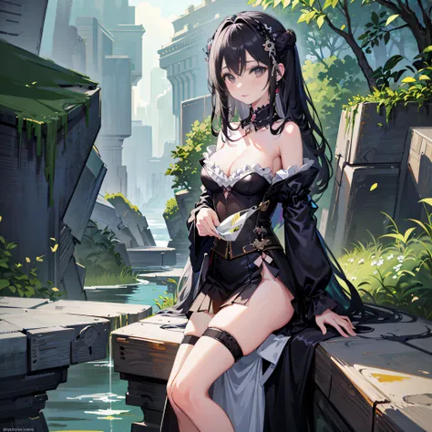 Anime girl in black corset split skirt sitting on toilet, Gouviz style artwork, seductive anime girl, Guvez, Guvez on the art station Pixiv, Guwiz on the Pixiv art station, anime girl in black dress, cute anime waifu in beautiful clothes, extremely detaile...