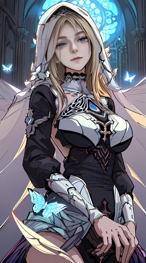 Aponia, Cinematic Shadows, ((((Masterpiece))), ((1 Girl)), Best Quality, Illustration, (Beautiful Detail Eyes), Elegant, 4K, Most Beautiful Image Ever Built, Fantastic Epic Composition, Lighting, Depicting a Hooded Woman with Long, Deep Blonde Hair, Her Be...
