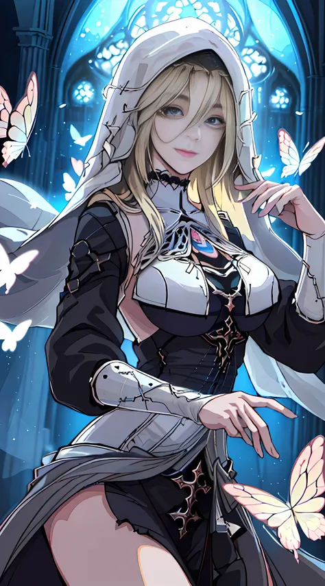 Aponia, Cinematic Shadows, ((((Masterpiece))), ((1 Girl)), Best Quality, Illustration, (Beautiful Detail Eyes), Elegant, 4K, Most Beautiful Image Ever Built, Fantastic Epic Composition, Lighting, Depicting a Hooded Woman with Long, Deep Blonde Hair, Her Be...