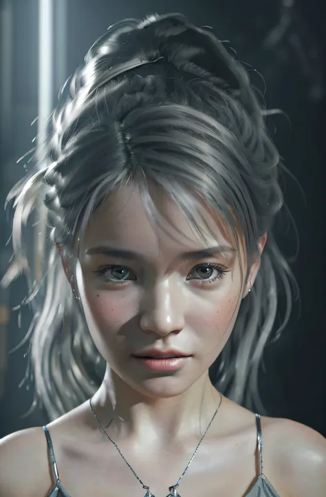 ultra highly detailed 1200k An image of a humble and happy 20 year old woman in tattered work clothes and a blotchy face and tousled hair, hyper realistic fantasy photography is all the rage on artstation, clear focus, studio photography, WLOP and Silver A...