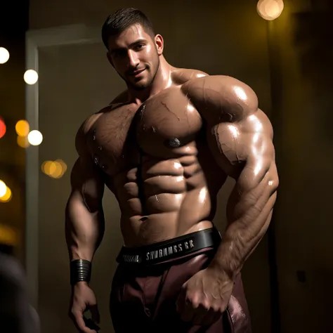 photo of muscular chris redfield, ((massive hairy pecs)), big pecs, big arms, large bulge, ((light bokeh)), intricate, (steel me...