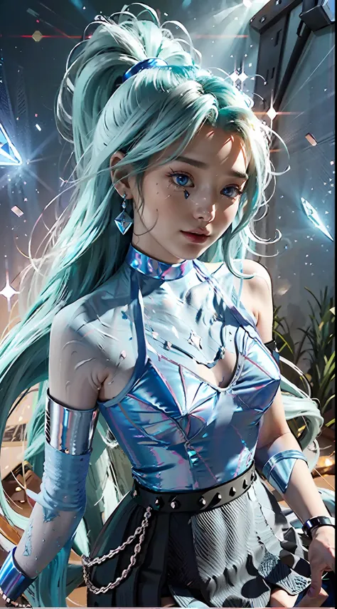 Sky, Field, Wheat, K/Da All Out Seraphine), League of Legends, K/Da  (League of Legends), 1Girl, Solo, Aqua Green Hair, Gradient Hair, Blue Eyes, Lips, Long Hair, Long Ponytail, Ponytail, Earrings, Jewelry, Armbands, Bracelet, Ice Wings, Blue Dress, Layere...