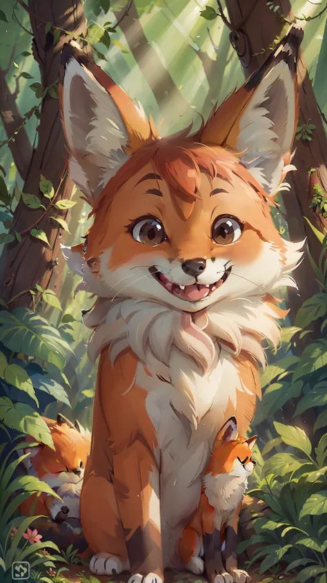 A smiling fox, in the forest illuminated by sunlight.
