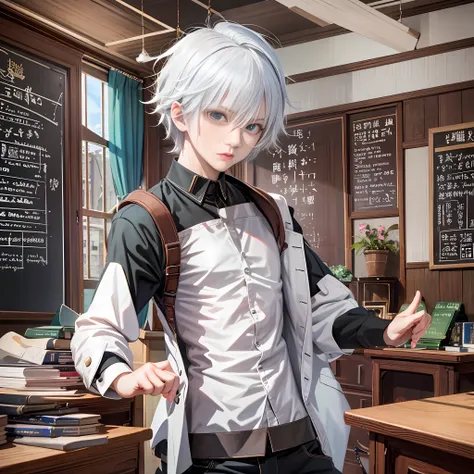 a white-haired anime boy in the classroom has an angry expression and an open arm pointing forward