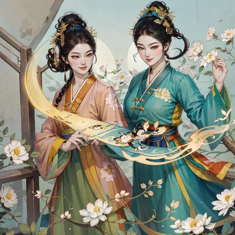 Chinese ancient style, two beautiful women, wearing Hanfu, smiling on their faces, beautiful scenes, in the garden, very happy, Tyndall effect, beautiful lighting, dynamic movements, expressive