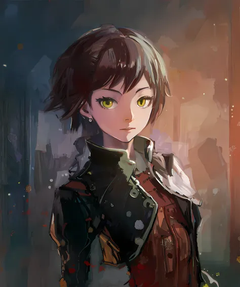 (Best Quality, Masterpiece), 1girl, a painting of a woman with green eyes and a leather jacket, Gouvitz style artwork, beautiful character painting, made with Anime Painter Studio, Persona 5 Art style WLOP, digital art in anime style, Makoto Shinkai (apex ...