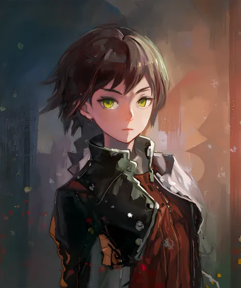 (Best Quality, Masterpiece), 1girl, a painting of a woman with green eyes and a leather jacket, Gouvitz style artwork, beautiful character painting, made with Anime Painter Studio, Persona 5 Art style WLOP, digital art in anime style, Makoto Shinkai (apex ...
