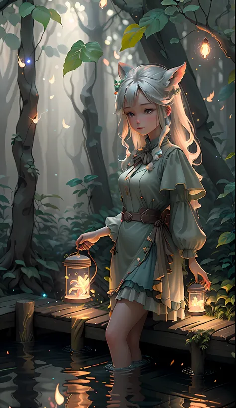 Masterpiece, best quality, (very detailed CG unity 8k wallpaper), (best quality), (best illustration), (best shadows), glow sprite, with a glowing deer, in the swimming pool Drinking water, natural elements in the forest theme. Mysterious forest, beautiful...